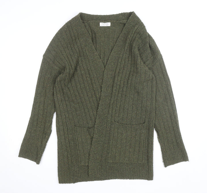 Jolie & Joy Women Olive Green Ribbed Open Cardigan Medium Polyester Blend