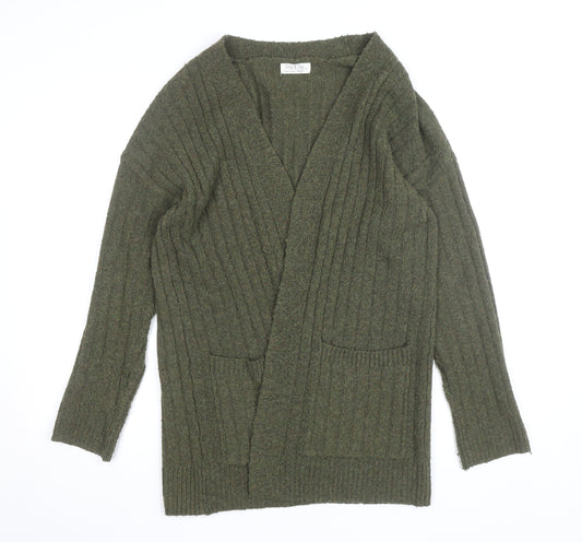 Jolie & Joy Women Olive Green Ribbed Open Cardigan Medium Polyester Blend