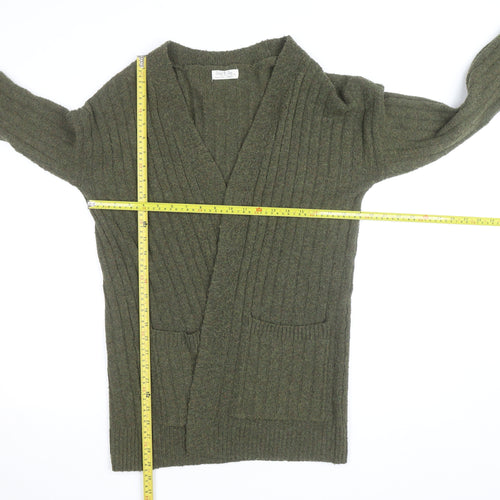 Jolie & Joy Women Olive Green Ribbed Open Cardigan Medium Polyester Blend
