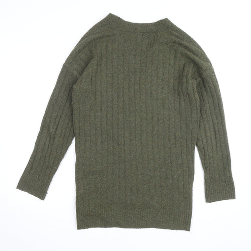Jolie & Joy Women Olive Green Ribbed Open Cardigan Medium Polyester Blend