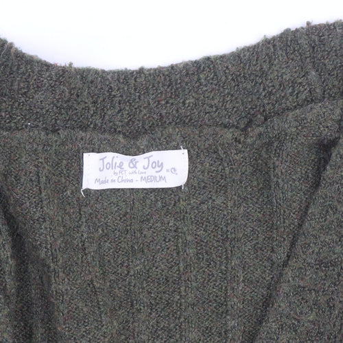 Jolie & Joy Women Olive Green Ribbed Open Cardigan Medium Polyester Blend