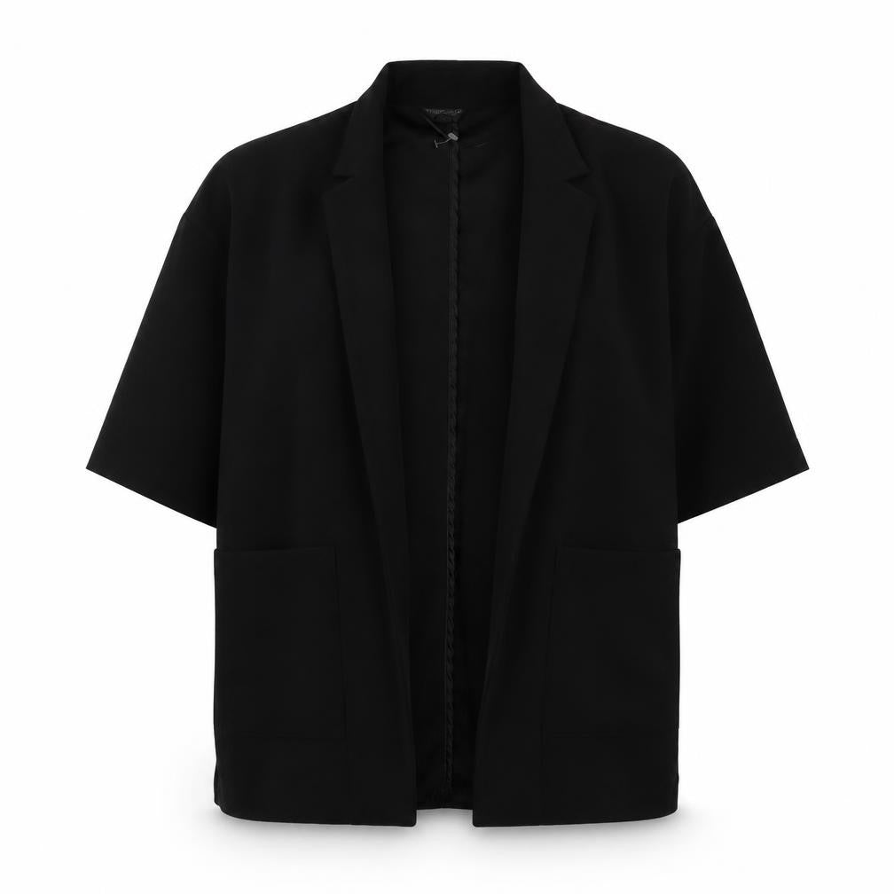 Front view of Topshop Women Black, size 12, Short Sleeve Blazer Jacket