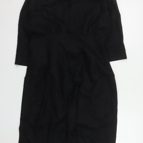 MaxMara Womens Black Wool Long Overcoat Size 12 Classic 3/4 Sleeve