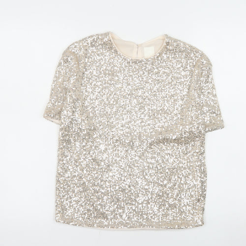 H&M Women Silver Sequin Short Sleeve Round Neck Top XS