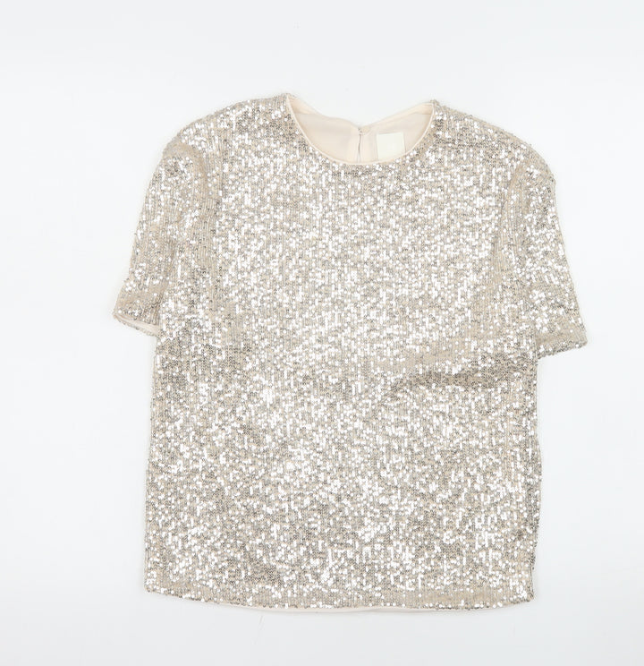 H&M Women Silver Sequin Short Sleeve Round Neck Top XS