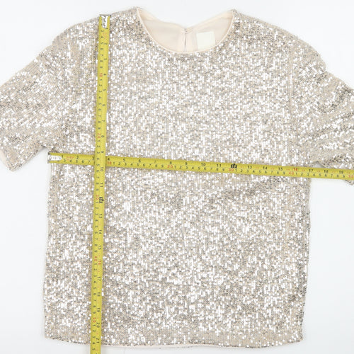 H&M Women Silver Sequin Short Sleeve Round Neck Top XS