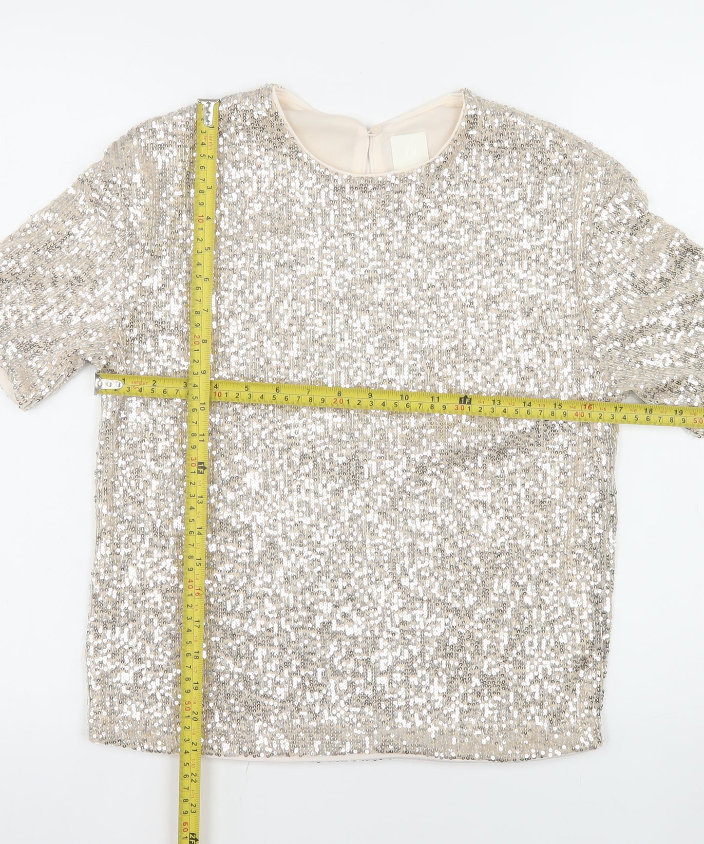 H&M Women Silver Sequin Short Sleeve Round Neck Top XS