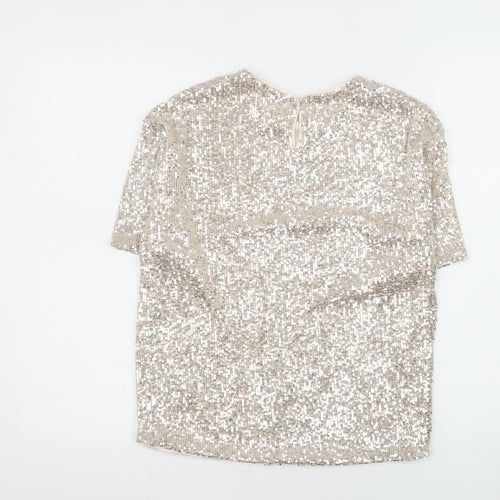 H&M Women Silver Sequin Short Sleeve Round Neck Top XS