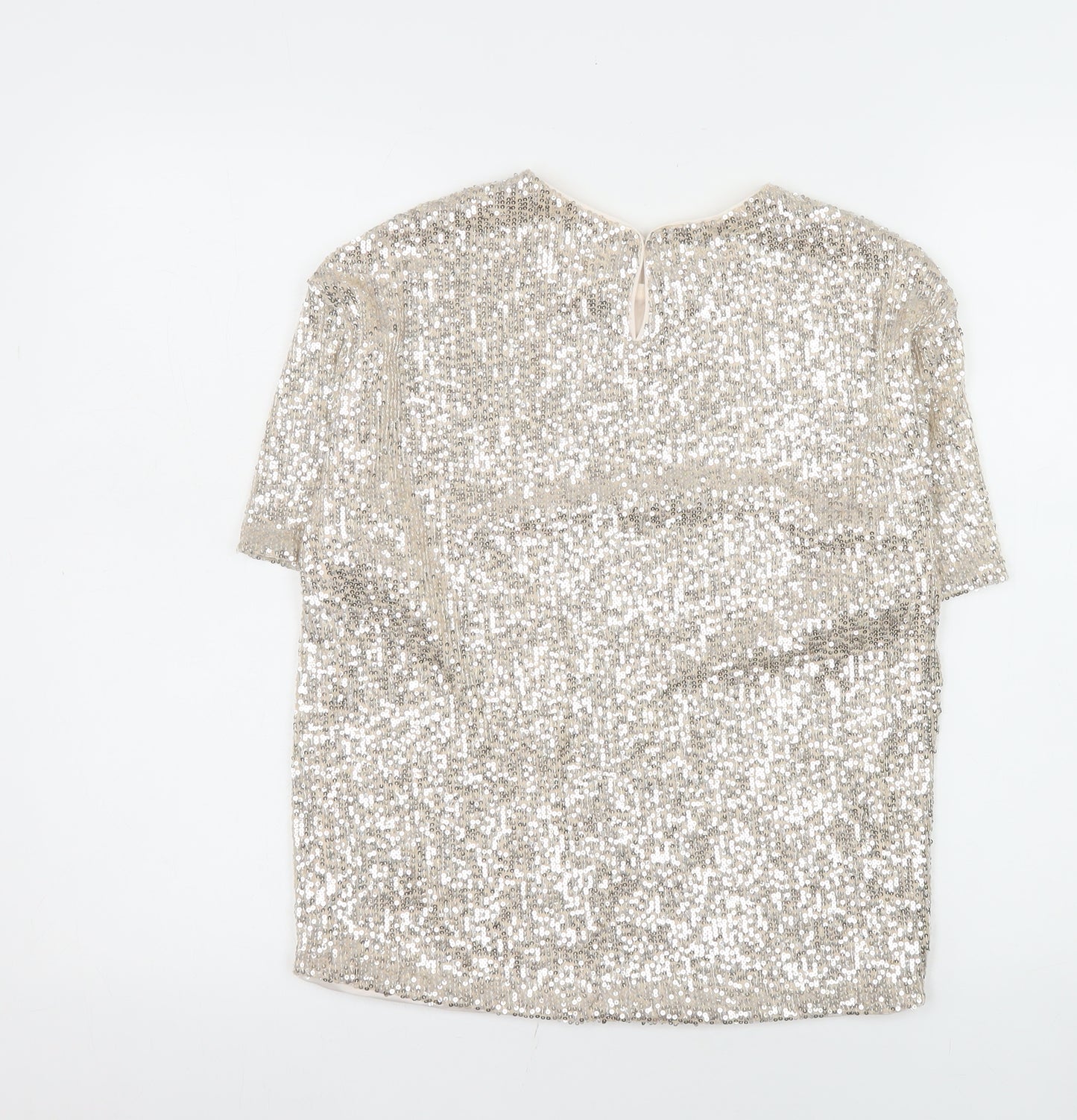 H&M Women Silver Sequin Short Sleeve Round Neck Top XS