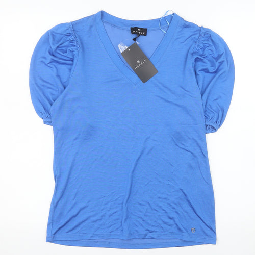 Marble Womens Blue V-Neck Puff Sleeve Jersey T-Shirt XS