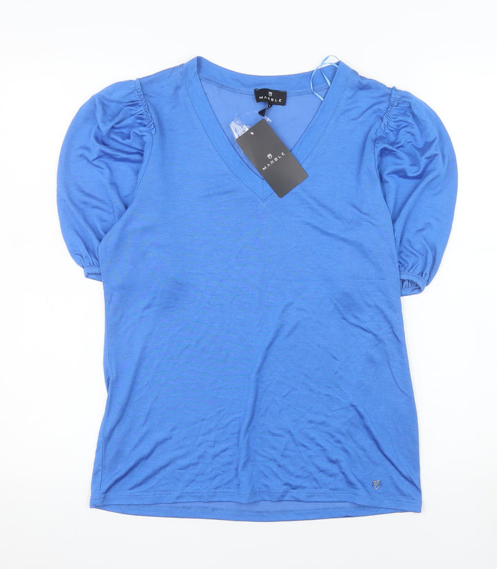 Marble Womens Blue V-Neck Puff Sleeve Jersey T-Shirt XS