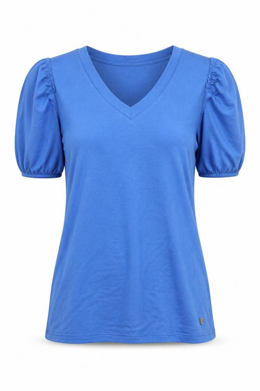 Front view of Marble women’s blue v-neck puff sleeve jersey t-shirt xs