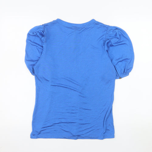 Marble Womens Blue V-Neck Puff Sleeve Jersey T-Shirt XS