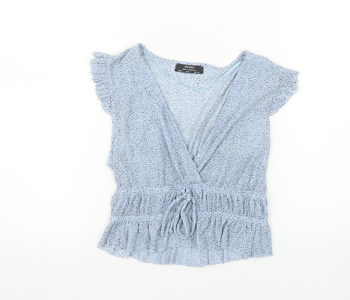 Bershka Women’s Blue Polka Dot Wrap Blouse Size S