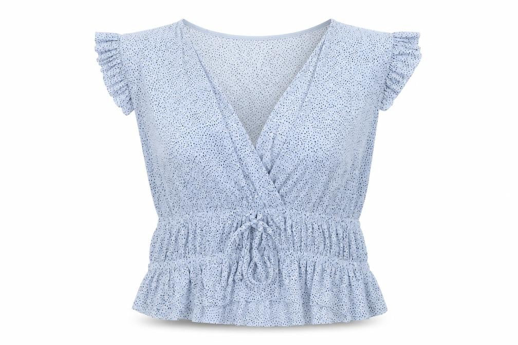 Front view of Bershka Women’s Blue Polka Dot Wrap Blouse, size S