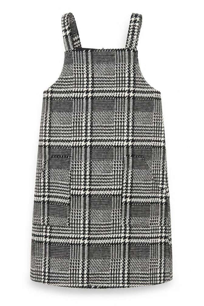 F&F Girls Black Check Pinafore Dress Size 12-13 Years Lined Wool Blend