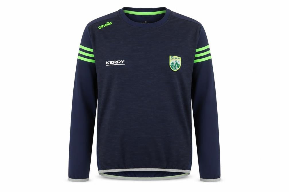 Front view of O'Neill boys’ blue kerry gaa long sleeve pullover training top age 13
