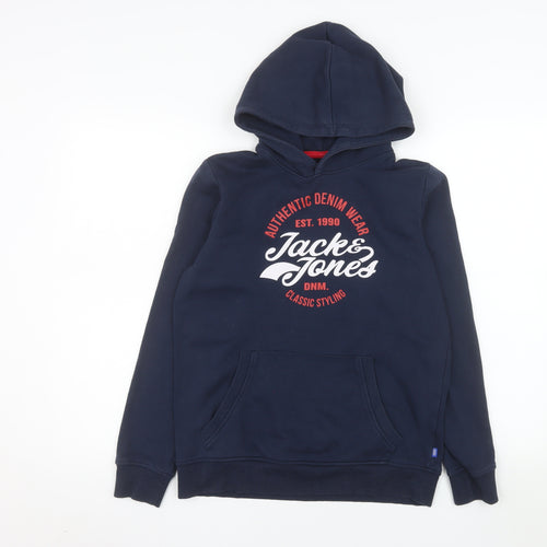 Jack & Jones Boys Blue Pullover Hoodie Size 164 Graphic Print Logo Sweatshirt