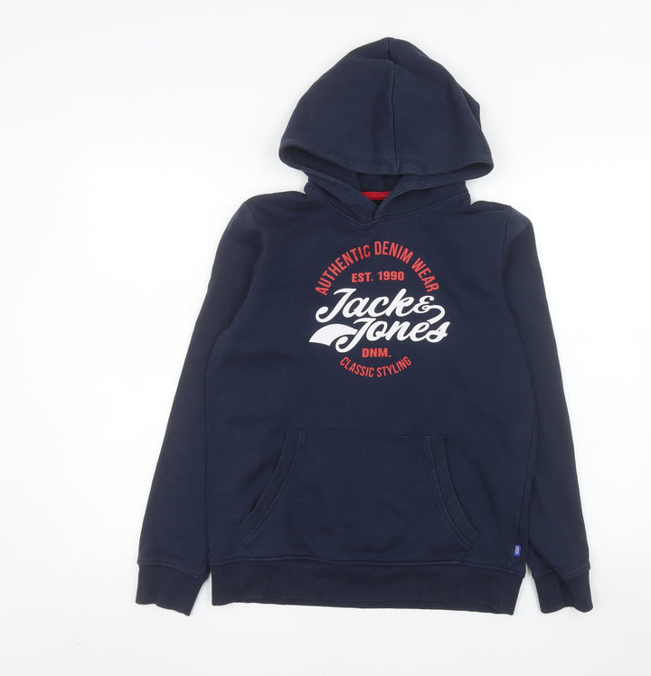 Jack & Jones Boys Blue Pullover Hoodie Size 164 Graphic Print Logo Sweatshirt