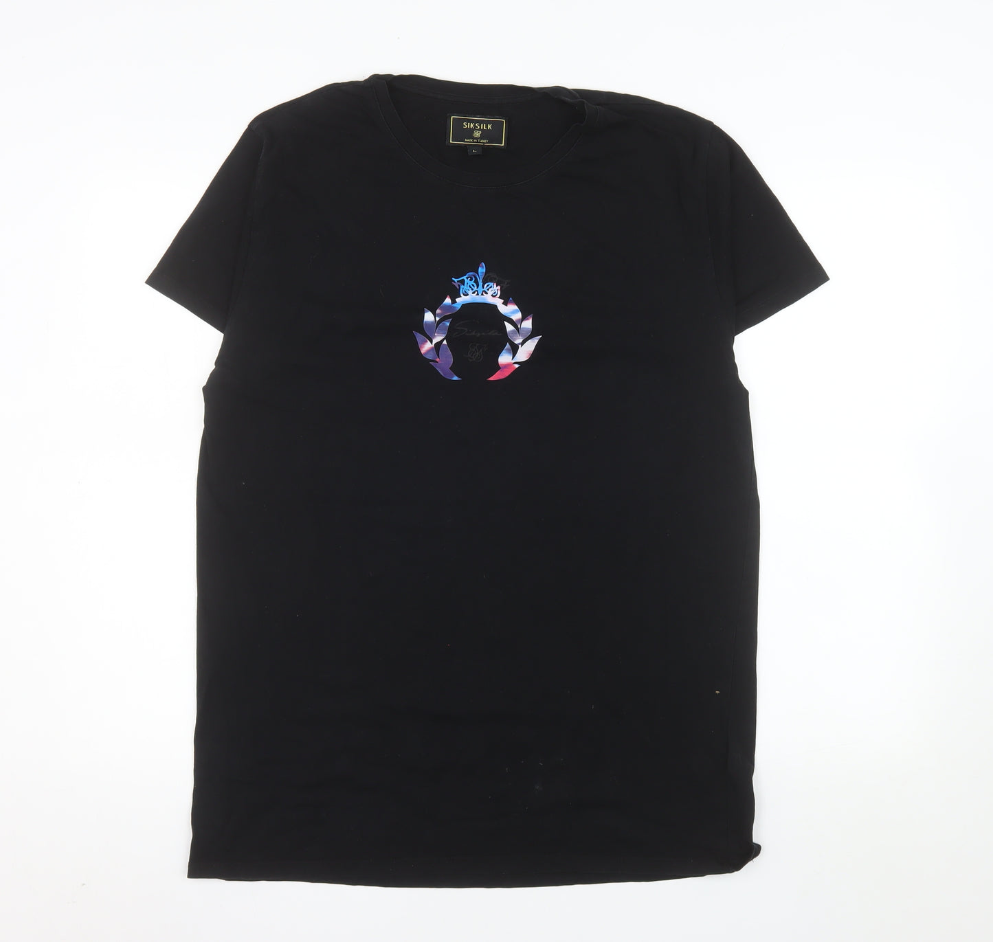 SikSilk Men’s Black Slim Fit Graphic Logo Cotton T-Shirt Size L