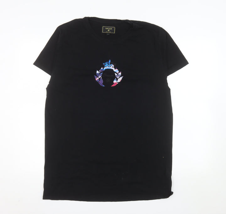 SikSilk Men’s Black Slim Fit Graphic Logo Cotton T-Shirt Size L