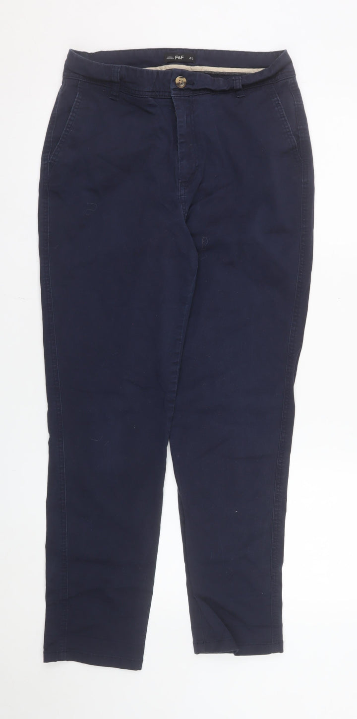 F&F Women Blue Chino Trousers Size 10 Regular Cotton Stretch Twill