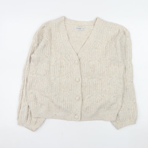 Gallery Women Beige Knit Cable Beaded Cardigan Small V-Neck