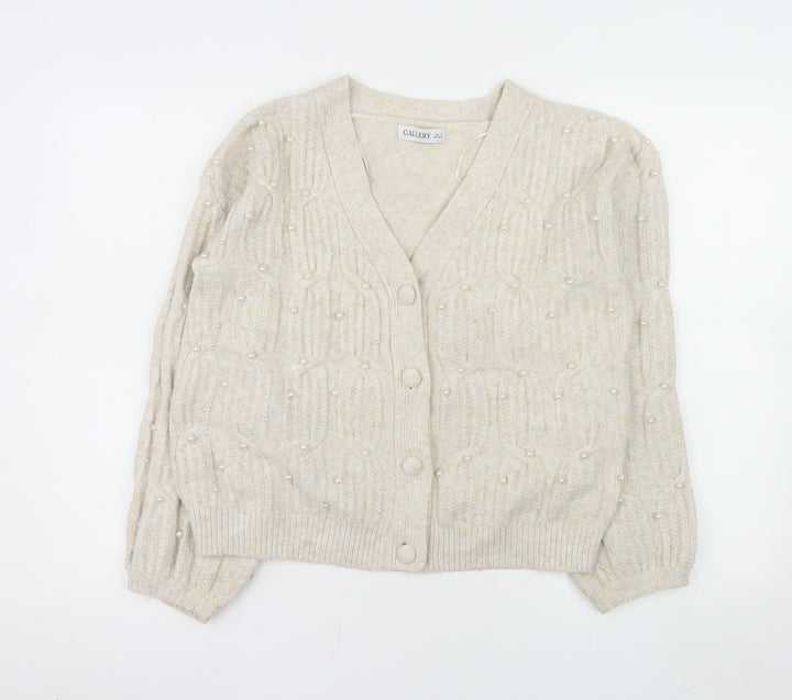 Gallery Women Beige Knit Cable Beaded Cardigan Small V-Neck