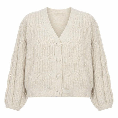 Gallery Women Beige Knit Cable Beaded Cardigan Small V-Neck
