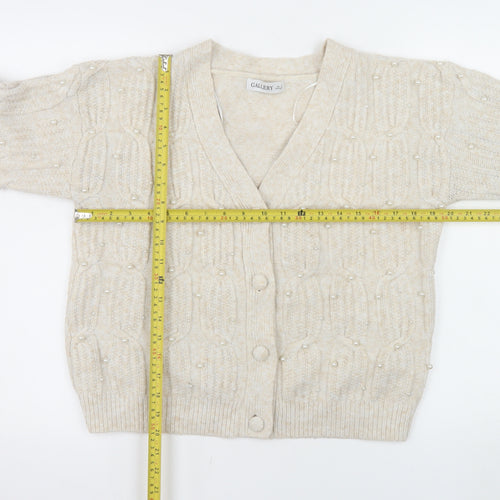 Gallery Women Beige Knit Cable Beaded Cardigan Small V-Neck