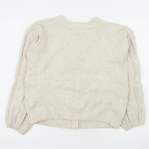Gallery Women Beige Knit Cable Beaded Cardigan Small V-Neck