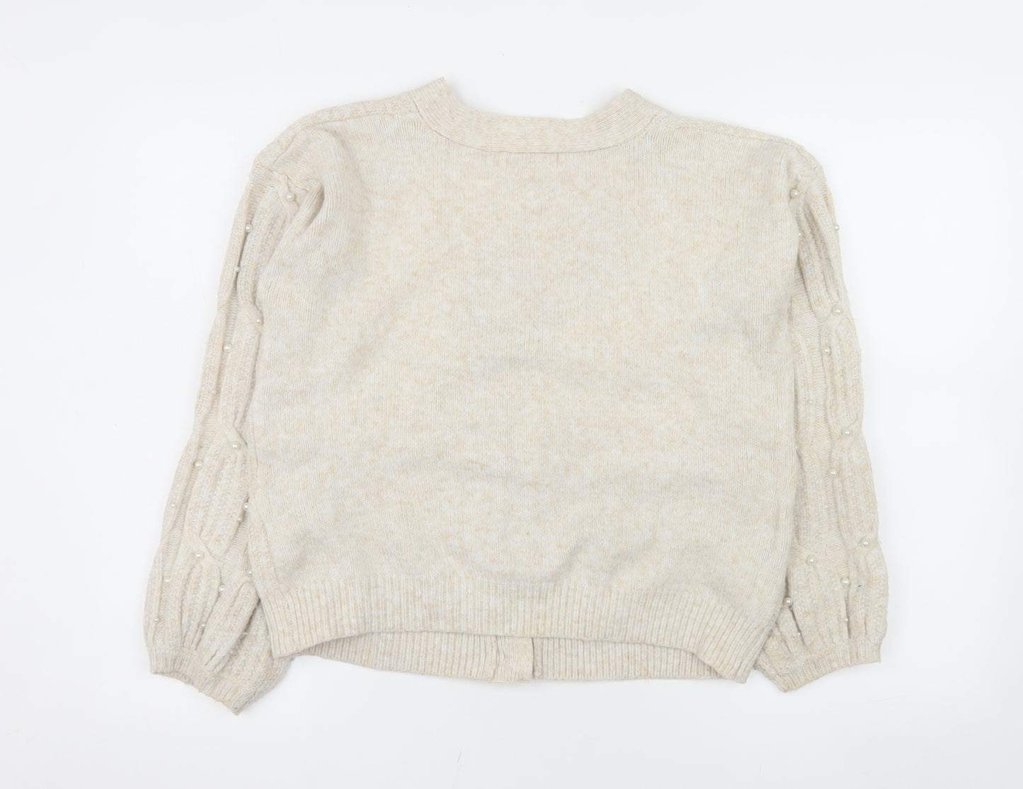 Gallery Women Beige Knit Cable Beaded Cardigan Small V-Neck