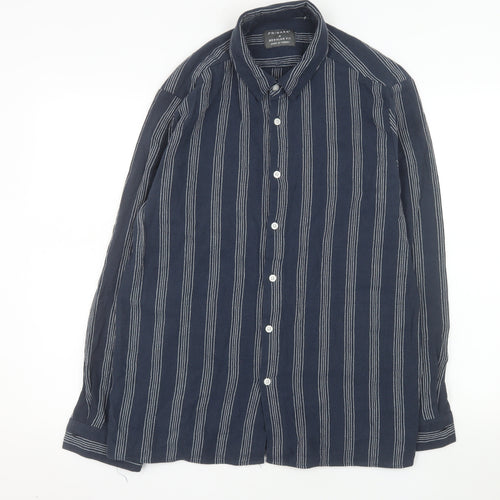 Primark Men's Blue Striped Regular Fit Long Sleeve Button-Up Shirt M