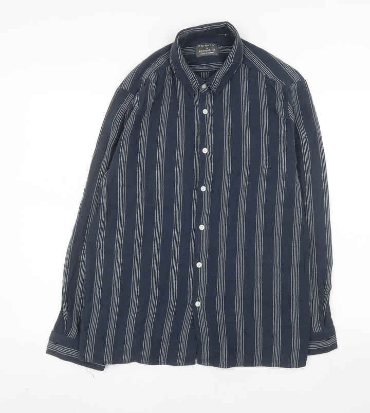 Primark Men's Blue Striped Regular Fit Long Sleeve Button-Up Shirt M