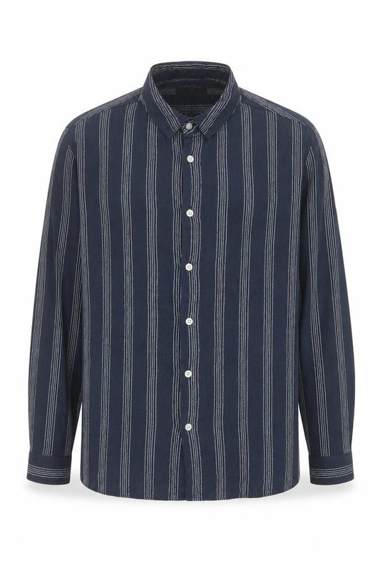 Front view of Primark Men's Blue Striped Regular Fit Long Sleeve Button-Up Shirt M