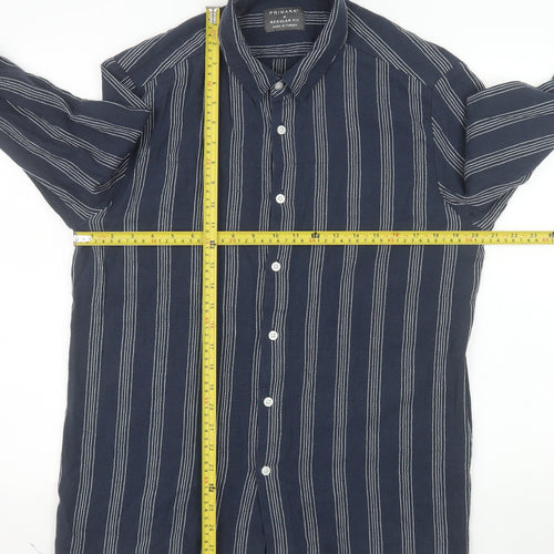 Primark Men's Blue Striped Regular Fit Long Sleeve Button-Up Shirt M
