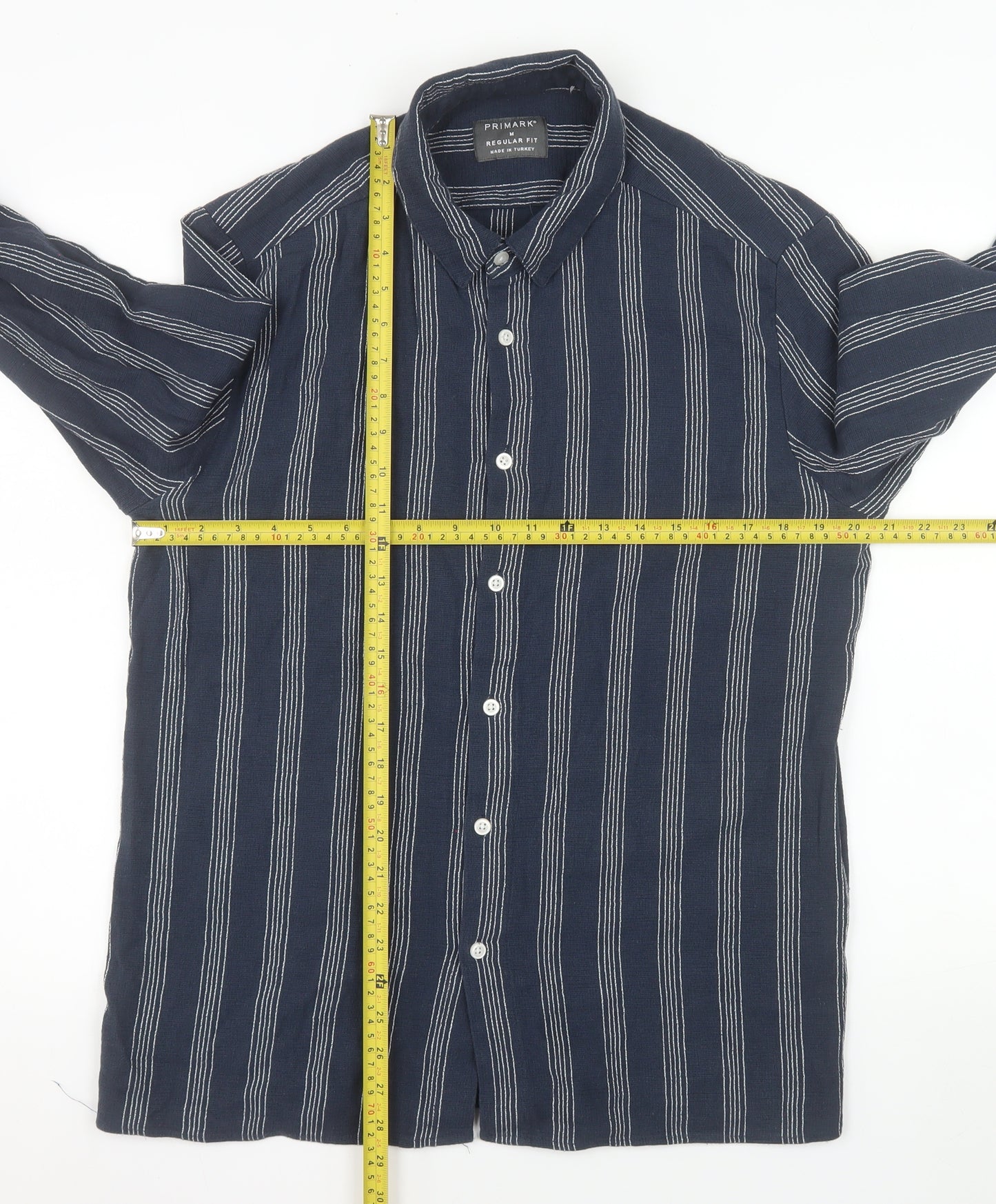 Primark Men's Blue Striped Regular Fit Long Sleeve Button-Up Shirt M