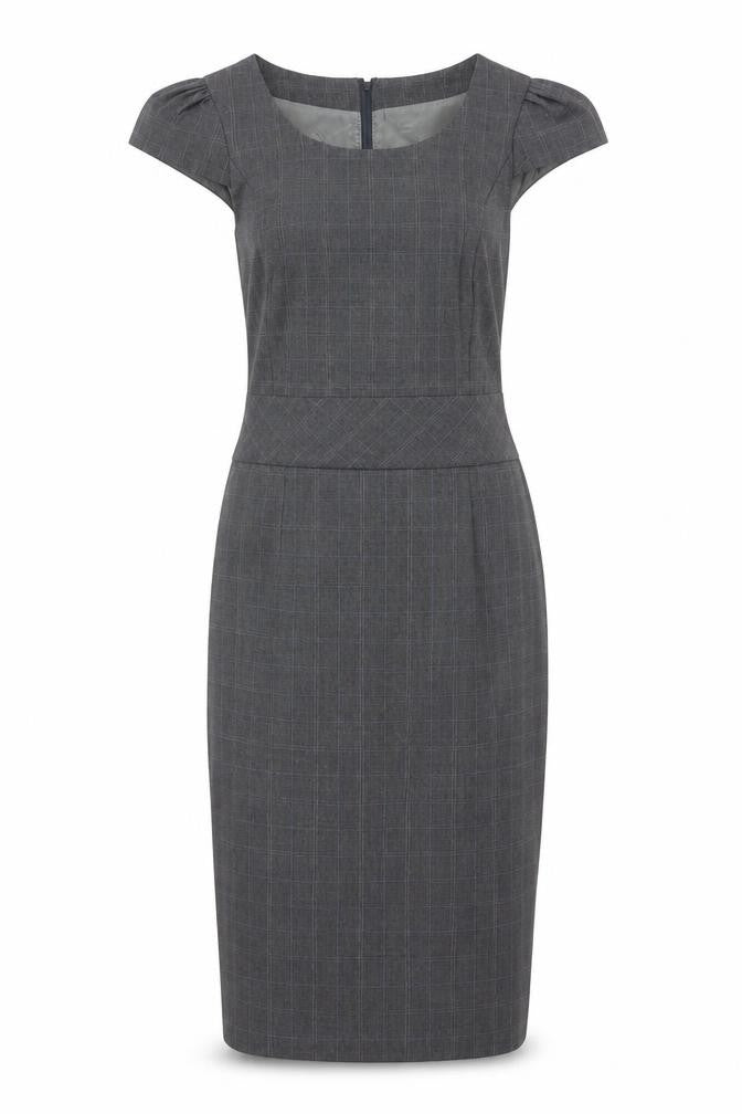 Front view of New Look Women’s Grey Check Sheath Work Dress, size UK 10