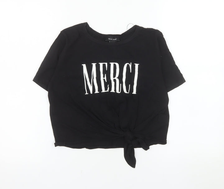 New Look Women's Black Merci Cropped Tie Front Cotton T-Shirt Size S