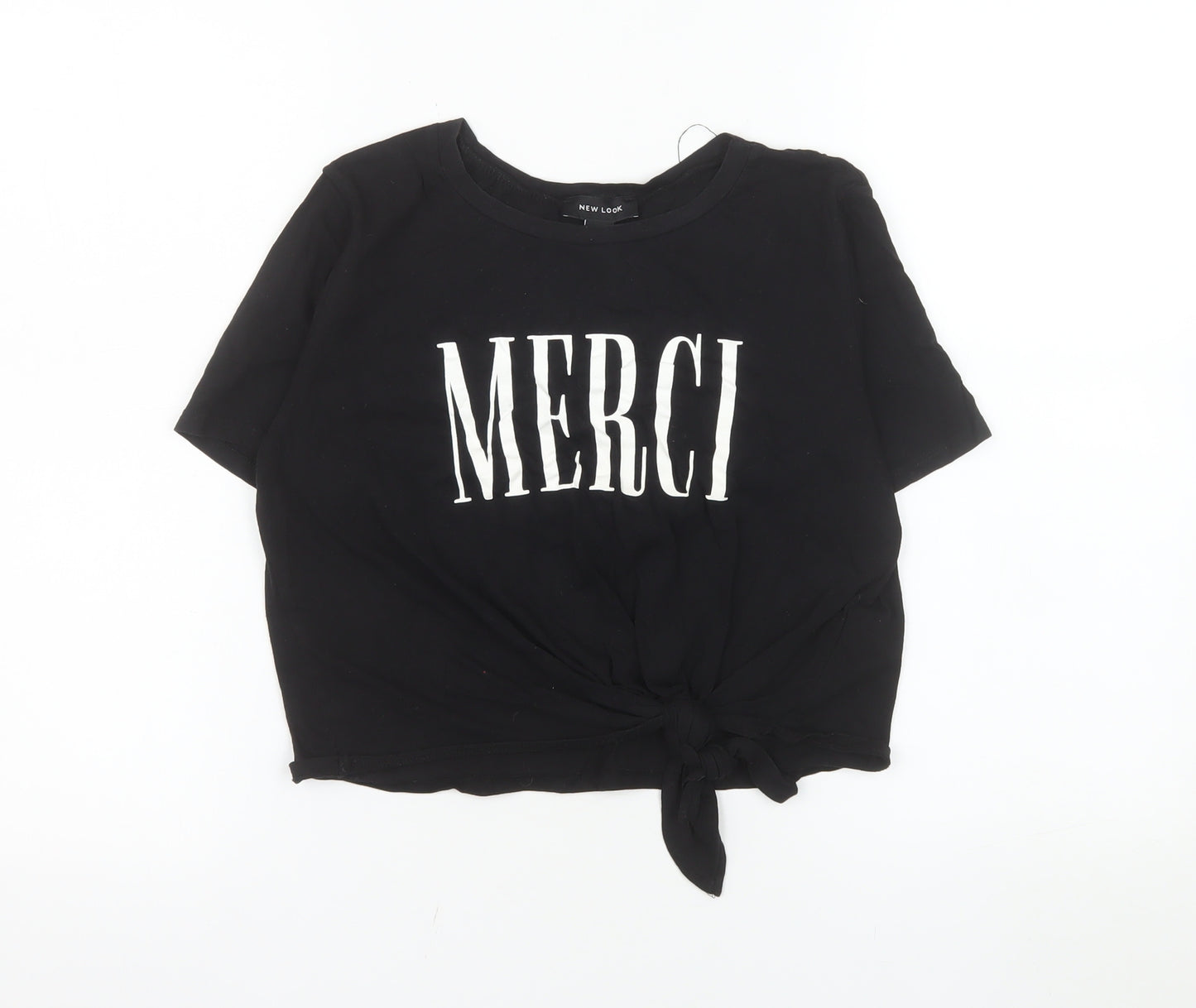 New Look Women's Black Merci Cropped Tie Front Cotton T-Shirt Size S