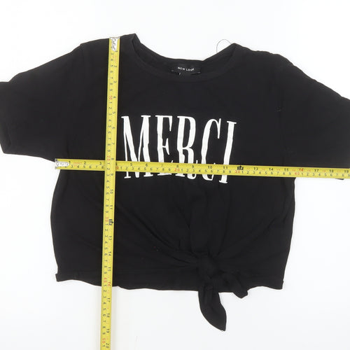 New Look Women's Black Merci Cropped Tie Front Cotton T-Shirt Size S