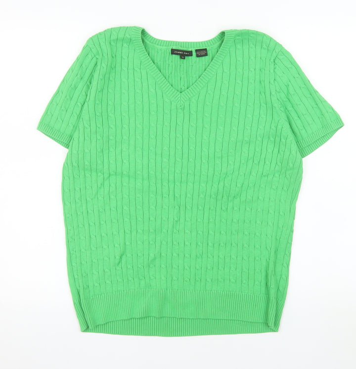 Jeanne Pierre Women's Green V-Neck Cable Knit Cotton Jumper XL