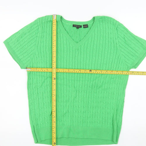 Jeanne Pierre Women's Green V-Neck Cable Knit Cotton Jumper XL