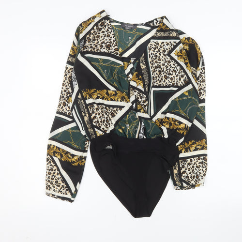 Primark Women’s Black Multi Print Bodysuit Size 12 Polyester Blend Long Sleeve
