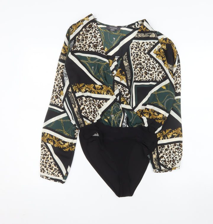 Primark Women’s Black Multi Print Bodysuit Size 12 Polyester Blend Long Sleeve