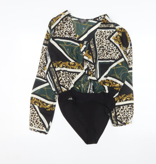 Primark Women’s Black Multi Print Bodysuit Size 12 Polyester Blend Long Sleeve