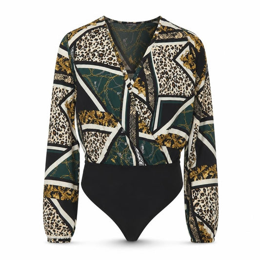 Primark Women’s Black Multi Print Bodysuit Size 12 Polyester Blend Long Sleeve