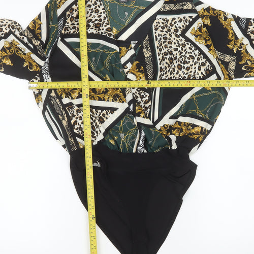 Primark Women’s Black Multi Print Bodysuit Size 12 Polyester Blend Long Sleeve