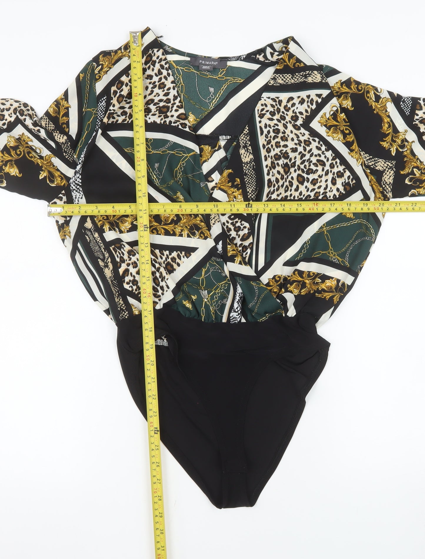 Primark Women’s Black Multi Print Bodysuit Size 12 Polyester Blend Long Sleeve