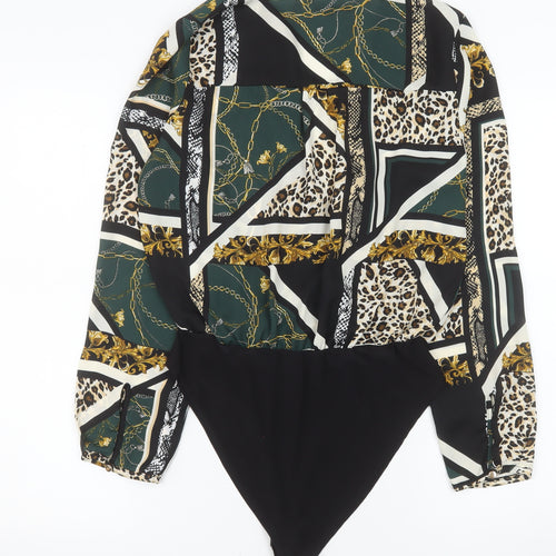 Primark Women’s Black Multi Print Bodysuit Size 12 Polyester Blend Long Sleeve